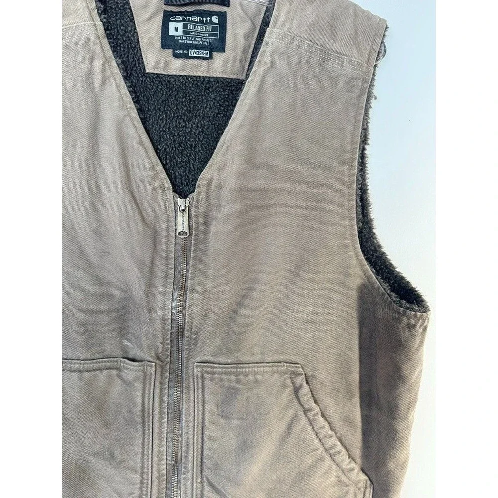 Carhartt Mens M Grey Fleece Lined V-Neck Canvas Vest Utility Workwear Farmcore